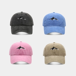 Washed Cotton Baseball Cap Retro Orca Embroidery Distressed Dad Hat Adjustable For Men Women