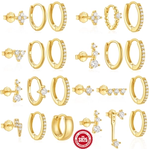 925 Sterling Silver Zircon Hoop And Stud Earrings Minimalist Geometric Sparkling Trendy Jewelry For Women