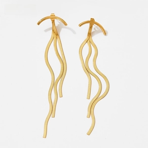 Close-up of gold stainless steel fringe earrings with three dangling snake chains