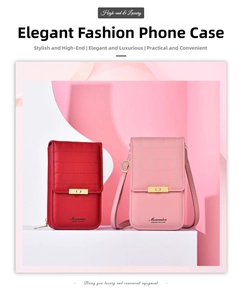 Detail of red and pink quilted leather phone bags with gold twist locks and long straps