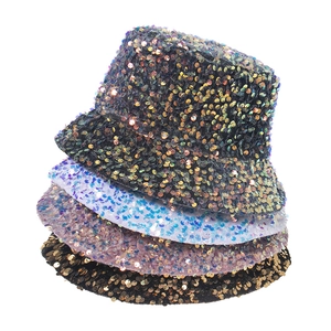 Sparkly sequin leopard bucket hats for women in multiple colors with metallic reflections