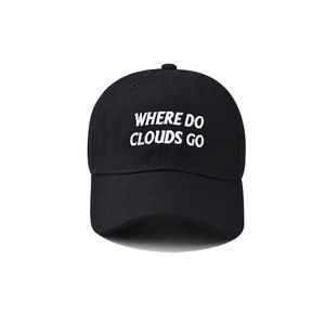 Detailed close-up of white embroidered WHERE DO CLOUDS GO text on a black cotton baseball cap