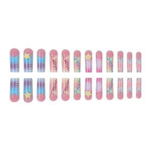 Colorful rainbow press-on nails in long trapezoid shape with stars and leopard print