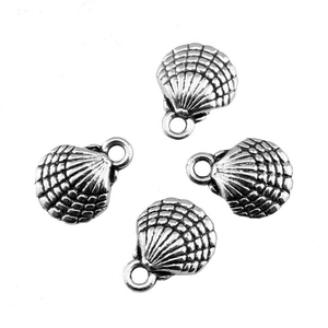 Set of four vintage style silver shell charms with textured details and hanging loops