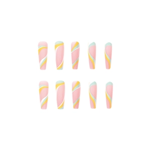 Unghie finte opache trapezoidali lunghe con motivi a onde macaron colorate, set da 10