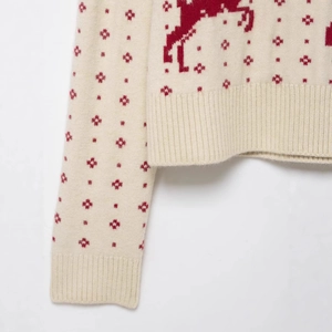 Women's cream knit sweater with red reindeer and snowflake jacquard for Christmas