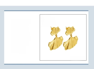 Detail view of gold ginkgo leaf earrings with 36x29mm size and stainless steel texture