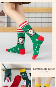 Detailed macro view of cotton Christmas socks featuring Santa Claus and snowman patterns
