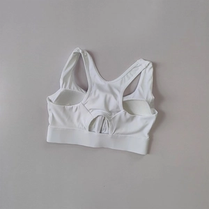 Detailed back view of white sports bra with racerback cutout and breathable mesh fabric