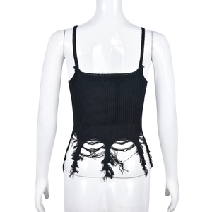 Rear view of black knit crop top featuring distressed hem and fringe tassel details