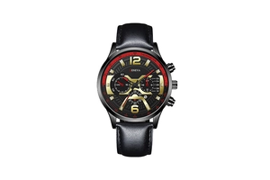 Macro view of men's chronograph watch dial with red accents and tachymeter bezel