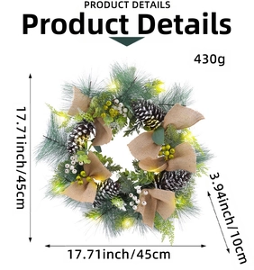 Detail view of 45cm Christmas wreath with pine cones and LED lights weighing 430g