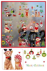 Detailed Christmas window stickers featuring festive cats with Santa hats and snowflakes