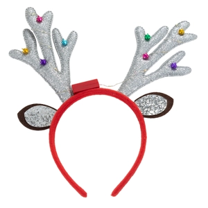 Detail of silver glitter reindeer antlers with colorful bells and red LED headband