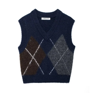Argyle Strickpullover Weste V-Ausschnitt Ärmellos Vintage Preppy Layering Top Für Damen Dunkelblau