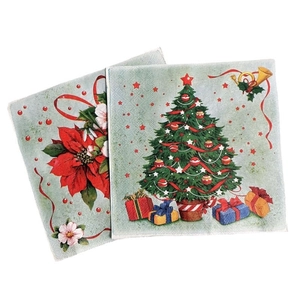 Christmas napkins with festive tree and poinsettia prints for holiday party table decor