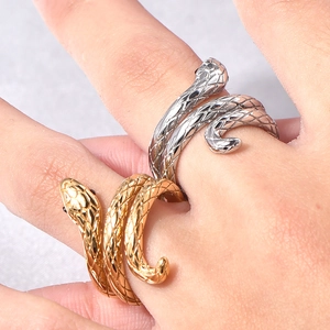 Snake wrap rings in gold and silver finish with detailed scale texture on model hand