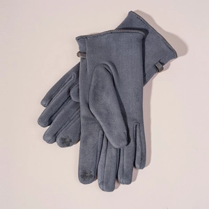 Detail of dark gray touchscreen gloves featuring floral embroidery and wrist strap buckle