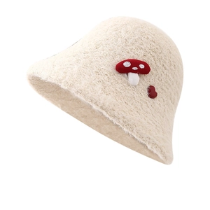 Creamy white plush mushroom bucket hat for women with cute red heart embroidery details