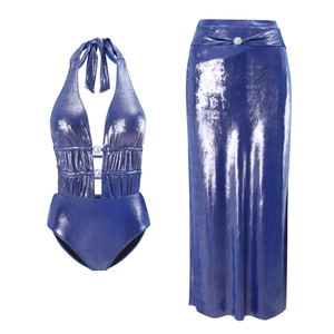 Detail of metallic blue halter bikini top with deep V-neck and pearl embellishments