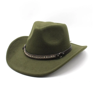 Close-up of military green wool felt cowboy hat with ethnic braided leather band