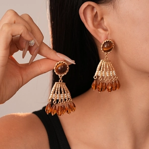 Vintage gold tiger eye crystal tassel earrings for women in bohemian style