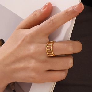 Hollow Geometric Grid Ring Stainless Steel 18K Gold Plated Adjustable Open Finger Jewelry For Women Minimalist
