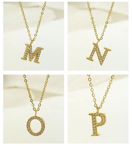 Detailed grid showing M N O P gold letter pendants with zircon inlay on O-chains