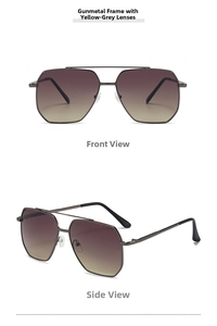 Detail view of gunmetal aviator sunglasses with gradient grey-yellow lenses and double bridge