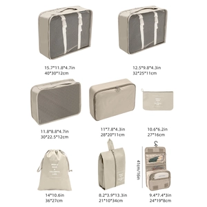 Detailed dimensions of beige 8-piece travel luggage organizer set with mesh panels