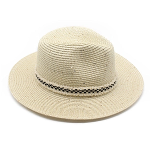 Detail of flat top straw hat with checkerboard ribbon and fringed brim for sun protection