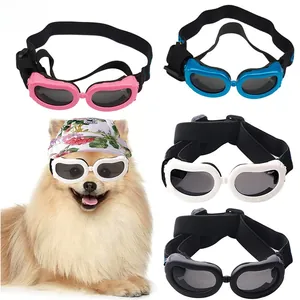 Detail showing various colors of adjustable UV protection dog goggles for small pets