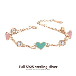 S925 Sterling Silver Double Layer Heart Bracelet Enamel Rhinestone Pink Blue Adjustable Chain Fashion Jewelry For Women