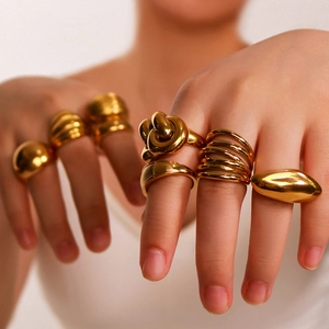 Exaggerated geometric 18K gold plated stainless steel chunky rings for a bold fashion look