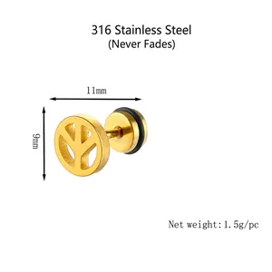 316 Stainless steel peace sign stud earrings in gold finish measuring 11mm by 9mm