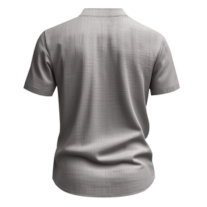 Detailed back view of men's short-sleeve linen shirt in grey with natural fabric texture
