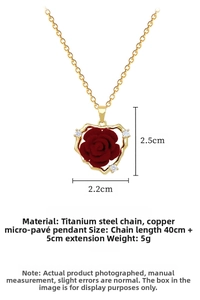 Detailed view of red rose heart pendant with dimensions 2.5cm by 2.2cm and 45cm chain