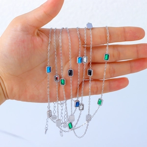 Minimalist Stainless Steel Rectangle Zirconia Pendant Necklace For Women Elegant Geometric Colorful Stone Fashion Jewelry