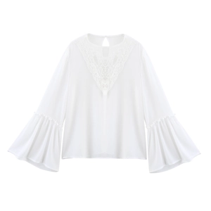 Women White Chiffon Blouse With Lace Splicing Elegant Long Flare Sleeves Round Neck Office Commute Tops