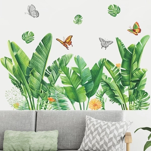 Tropical monstera leaves and colorful butterflies wall decals for living room decor