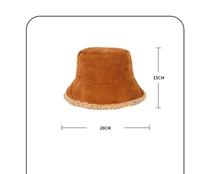 Winter brown corduroy bucket hat size chart showing 15cm height and 28cm width dimensions