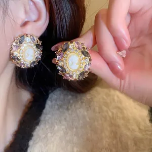 Vintage French Cameo Portrait Earrings Purple Rhinestone 925 Sterling Silver Earring Post Baroque Elegant For Women