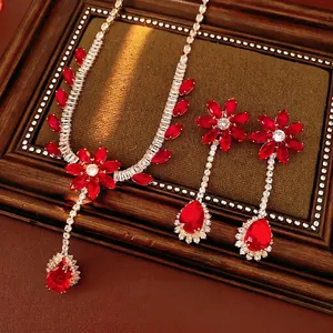 Luxury Copper Zircon Flower Water Drop Pendant Necklace And Earrings Jewelry Set For Women Elegant Party Wedding Wear