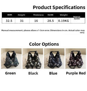 Detailed size chart for the printed tote bag showing dimensions and four color variants