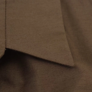 Detail of sharp collar tips and high-density poplin fabric on a dark brown shirt dress