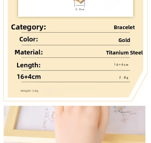 Detailed view of a gold titanium steel heart bracelet showing 16+4cm size specifications