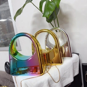 Women Acrylic Evening Handbag Mirror Effect Round Hollow Handle Fashion Geometric Party Clutch With Chain Strap
