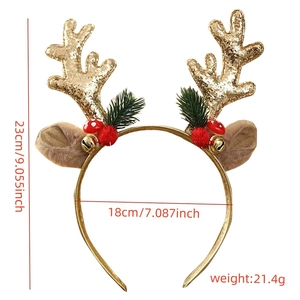 Detailed dimensions of Christmas antler headband with gold sequins and festive decor