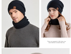 Detail of dark blue knit winter hat and neck warmer set with warm fleece lining