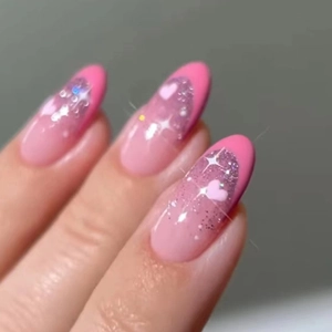 Press On Nails Pink Gradient Heart Pattern Glitter Glossy Oval Shape Long False Nails For Women Girls